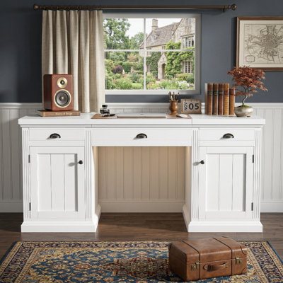 67" Modern Executive Desk with 2 Wooden Doors Storage Cabinet and 3 Drawers, Rectangle Home Office Computer Desk Writing Table Workstation in White