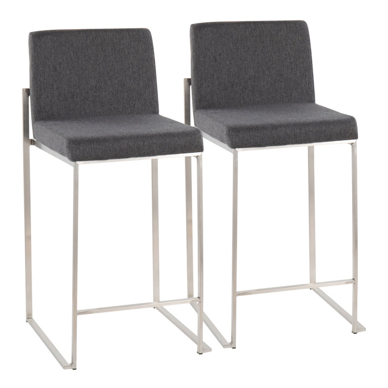 Tabouret de comptoir contemporain à dossier haut en acier inoxydable et tissu gris anthracite - ensemble de 2