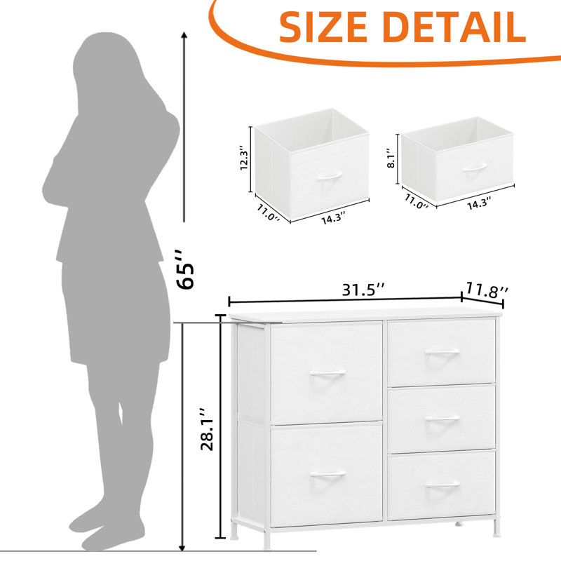  Commode 5 tiroirs en tissu blanc, commode large avec structure en métal robuste, commode de rangement pour le vestibule de la chambre à coucher
