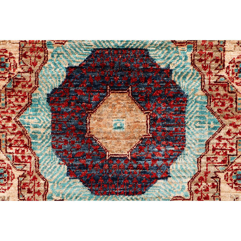 Tapis de couloir unique en laine noué à la main bleu marine / ivoire / rouge 2 pi 6 po x 17 pi 9 po
