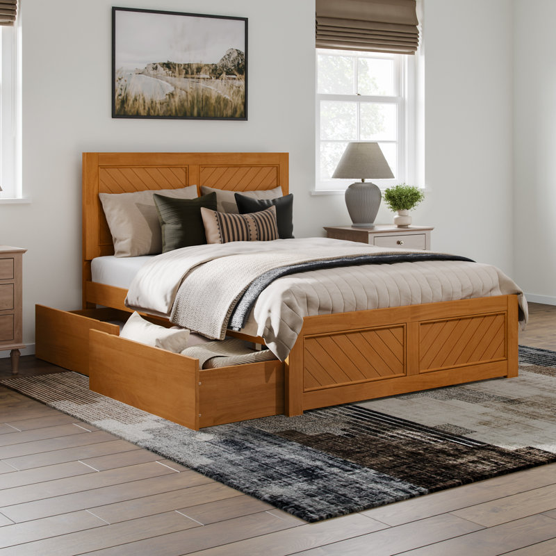 Jeinny Solid Wood Platform Bed with Matching Footboard & Storage Drawers, Full, Light Toffee