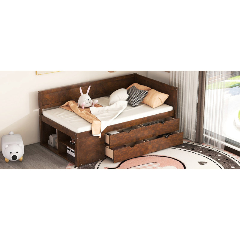 Twin Daybed With Drawers And Shelves In Walnut - Home Essential Functional Classy Bedroom Allure