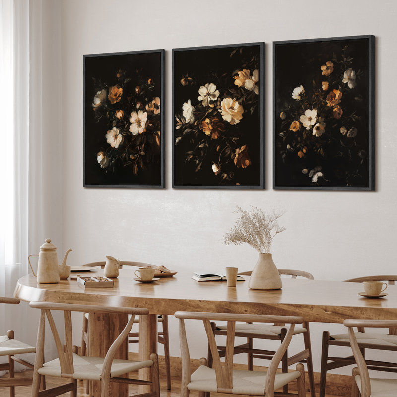 Vintage Floral Canvas Wall Art Set, Dark Botanical Framed Art Prints for Classic Bedroom or Elegant Living Room Gallery Wall Decor