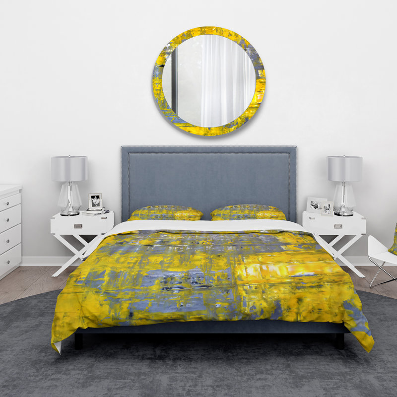 «Yellow Meets Gray Abstract Art I» - Ensemble de housse de couette moderne - Polyester en microfibre