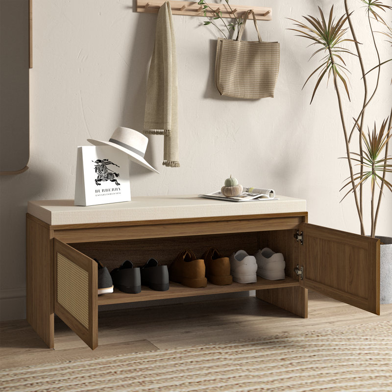 Banc de rangement à chaussures en rotin PP avec coussin et 2 portes