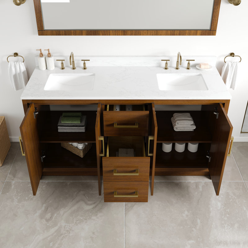 Ensemble de meuble-lavabo double 60 po en noyer avec dessus en pierre d'ingénierie Arabescato et lavabos sous-comptoir en porcelaine Belfield