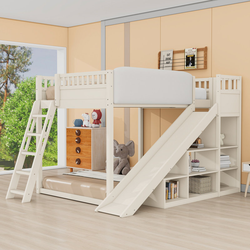 Loft Bed With Storage Shelves, Ladder, Guardrails And Built-In Slide, Beige, Queen