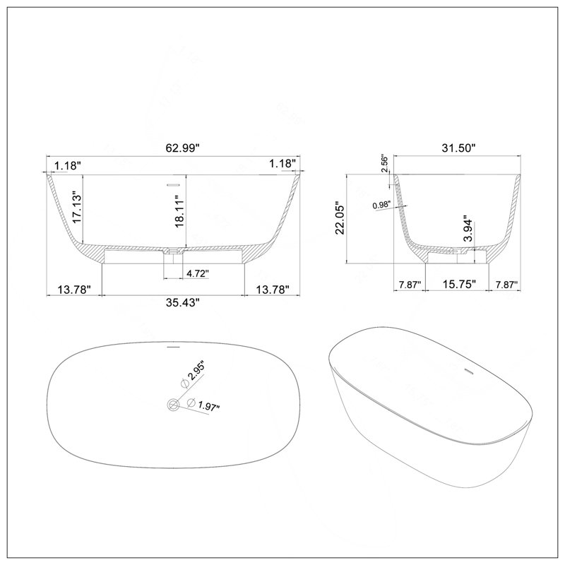 63 Inch Freestanding Solid Surface Soaking Bathtub Matte White