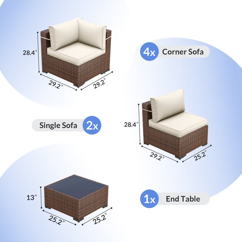 Ensemble de conversation modulaire en rotin 7 pièces avec coussins Mecayla, Blanc crème