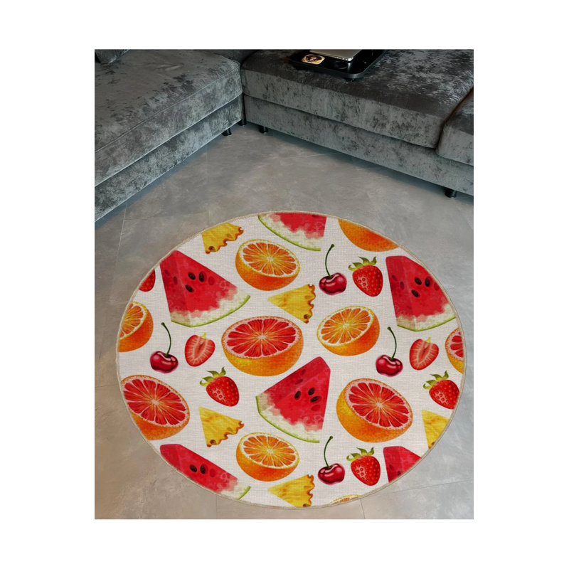 Multicolored Watermelon Cherry And Orange Patterned Round Woven Base Modern Decorative Carpet, Round 3'4"