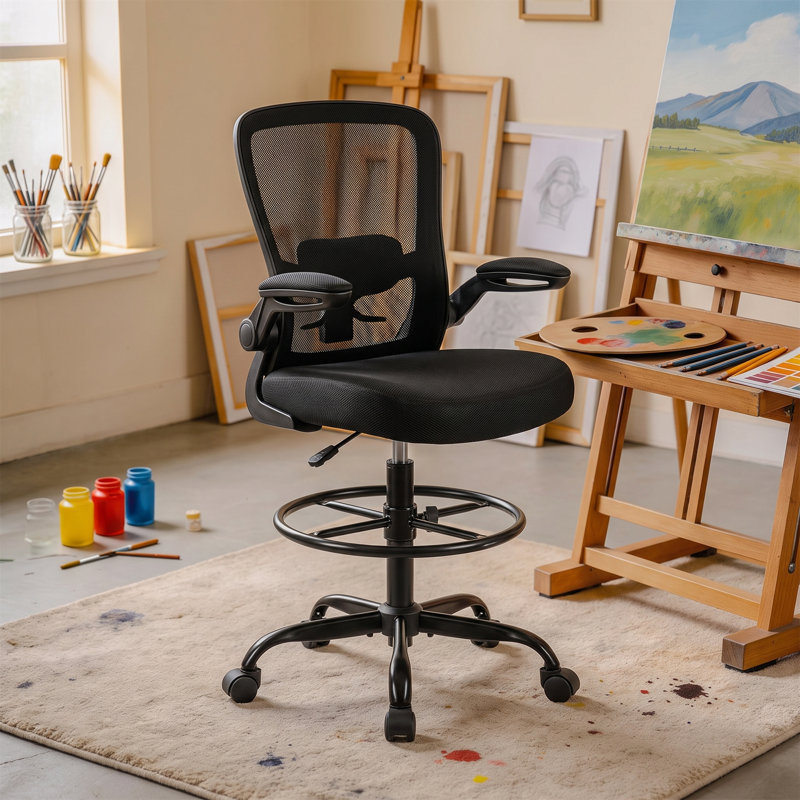 Mesh Drafting Chair with Adjustable Footrest and Lumbar Support, Black