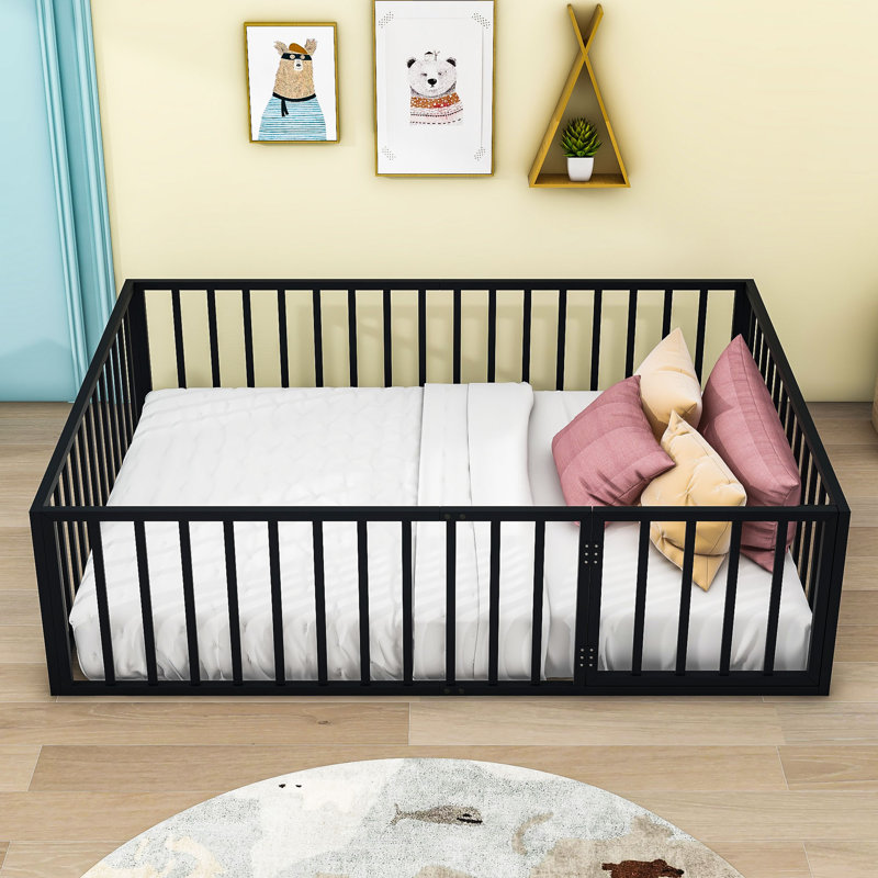  Denayah Metal Platform Bed with Fence and Door, Black, Queen