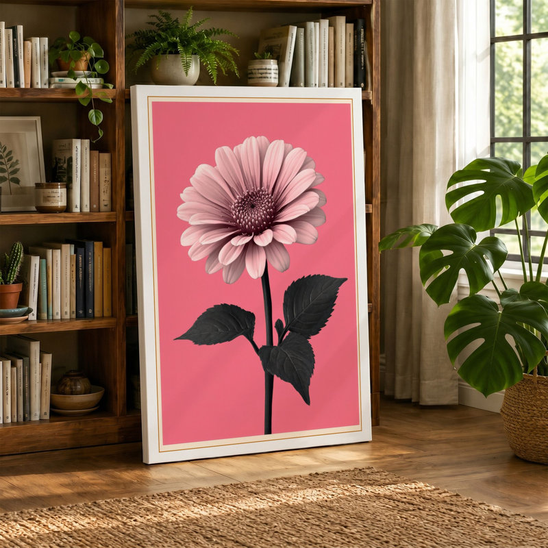 Pink Gerbera Study Botanical - Wrapped Canvas, 36x24 - 91.4 x 61.0 cm, Sage Border
