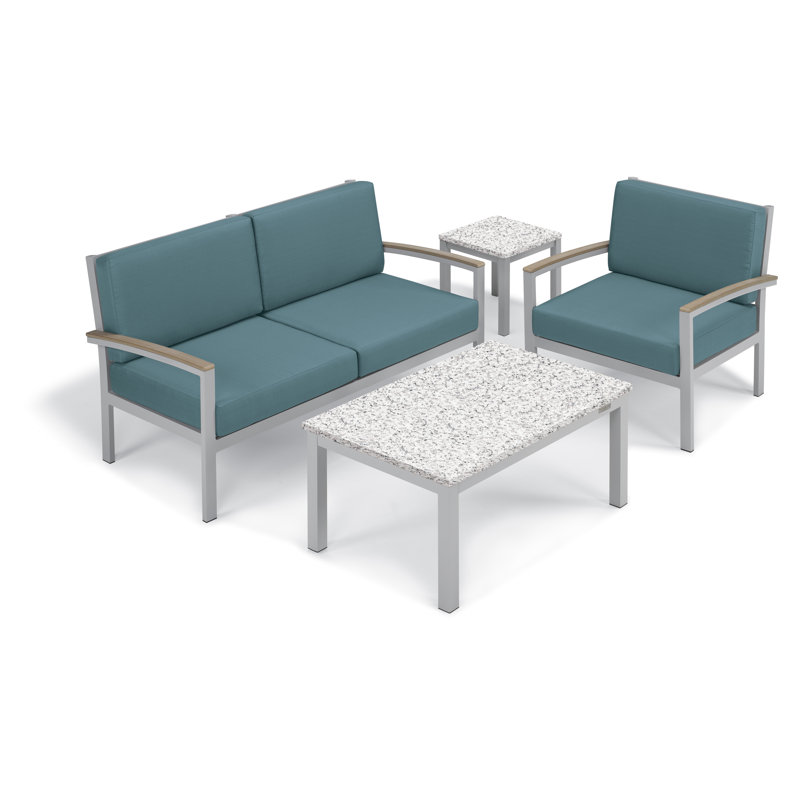 Travira 62.5" Wide Outdoor Loveseat with Cushion, Ice Blue, Flint/Vintage Tekwood