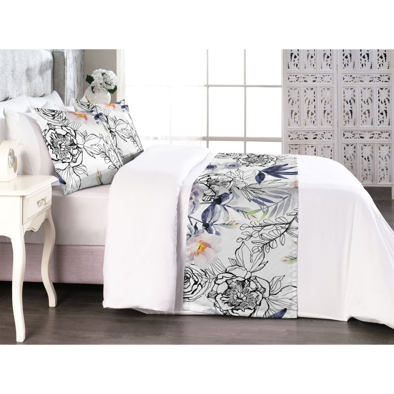 Ambesonne Spring Bed Runner Set Roses Peonies Anemones Art Dark Indigo Pale Ruby, King