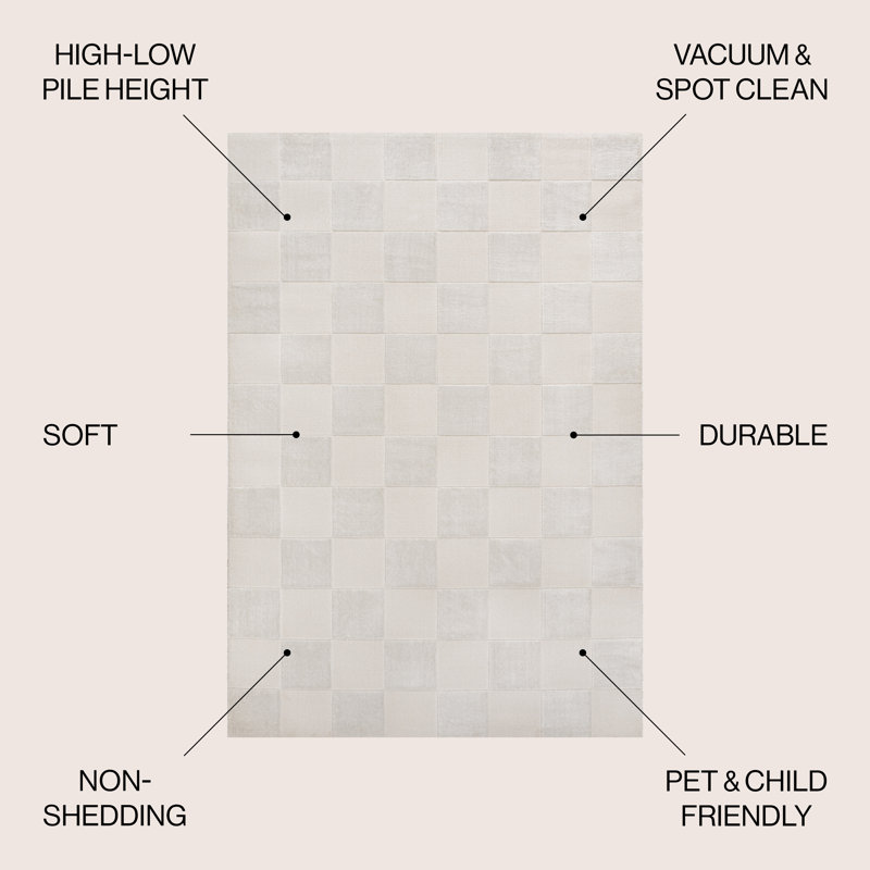 Ralphie Modern Geometric Checkerboard High-Low White/Cream Rug, Rectangle 7'10" x 10'