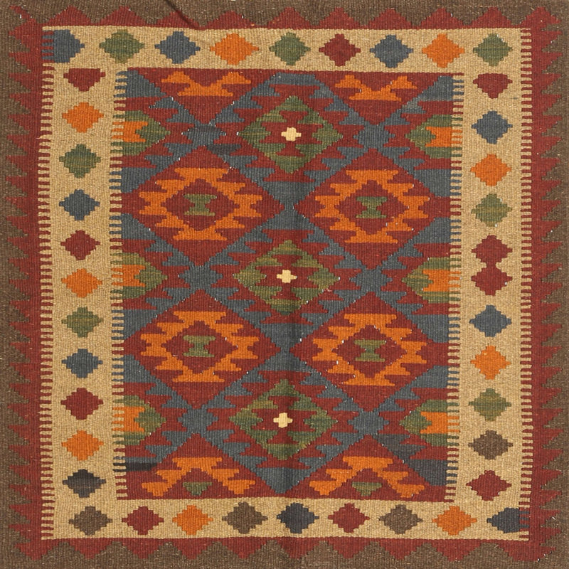 Tapis noir/orange/beige contemporain, Carré 8 pi