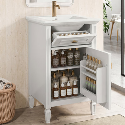 Meuble-lavabo simple autoportant moderne de 20 po avec lavabo, rangement inclinable, pieds en bois massif et petite salle de bain