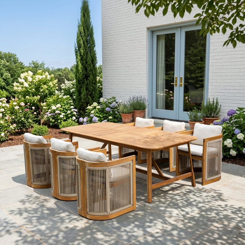 Ensemble de salle à manger d'extérieur en bois d'acacia pour 6 personnes avec coussin amovible