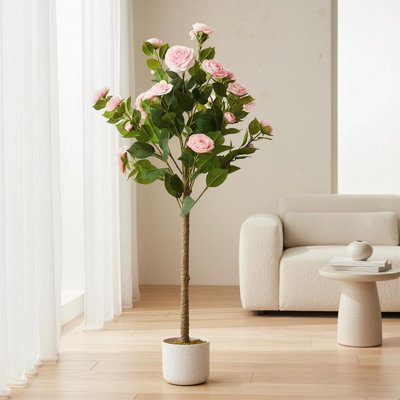 Petit arbre artificiel avec des fleurs roses réalistes et des feuilles vertes, des arbres artificiels d'intérieur pour la décoration de plantes d'intérieur et de bureau, des plantes roses parfaites pour les espaces modernes