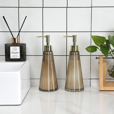 2 Pcs Vintage Soap And Lotion Dispenser Set, Smoked Glass And Brass Liquid Pump Dispenser With Vertical Ribbed Design