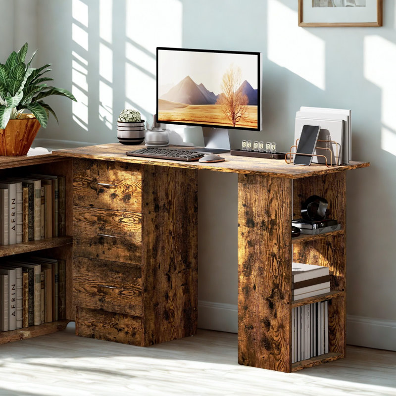 Industrial Rustic 120CM Computer Desk With 3 Drawers and Shelves