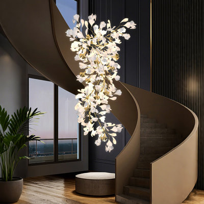 FixtureDisplays® Modern Ginkgo Leaf Chandelier 39.37" Iron Branch Ceiling Light with Porcelain Flower Shades for Living Room Dining Room Foyer, 70.87" Height 