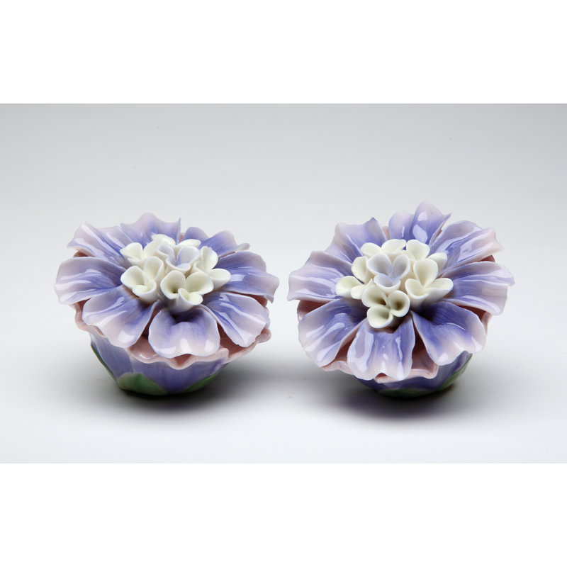 Handcrafted Purple Ceramic Dahlia Flower Salt and Pepper Shakers