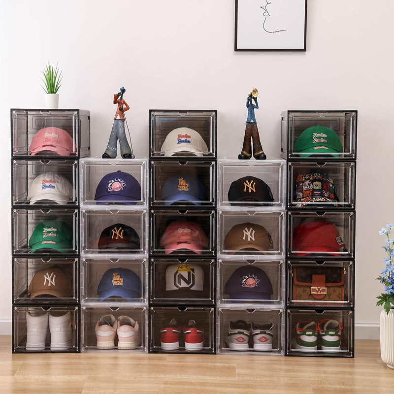 Boîte de rangement pour 6 casiers, boîte de rangement pour casquettes de baseball empilables avec porte magnétique pour chapeaux