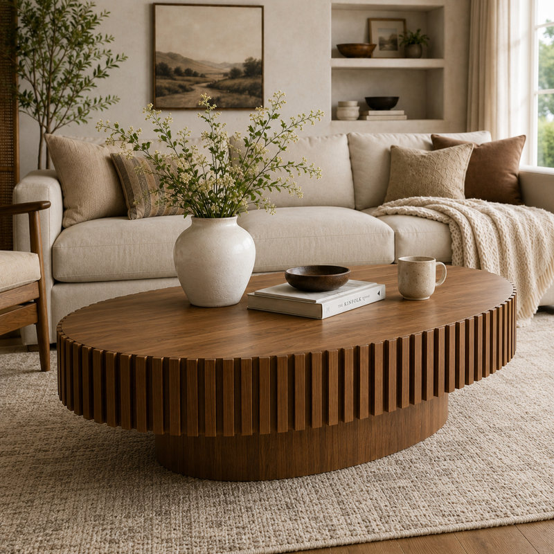Table basse cannelée avec pied central, Noyer