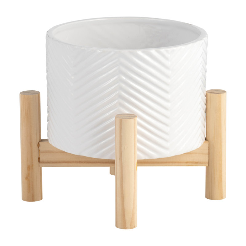 Elegant Ceramic Chevron Planter With Wood Stand, A Stylish And Functional Addition To Any Space.