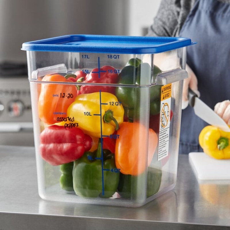 Vigor 18 Qt. Clear Square Polycarbonate Food Storage Containers With Blue Lids – 6/Pack, BPA-Free, NSF Listed, Stackable