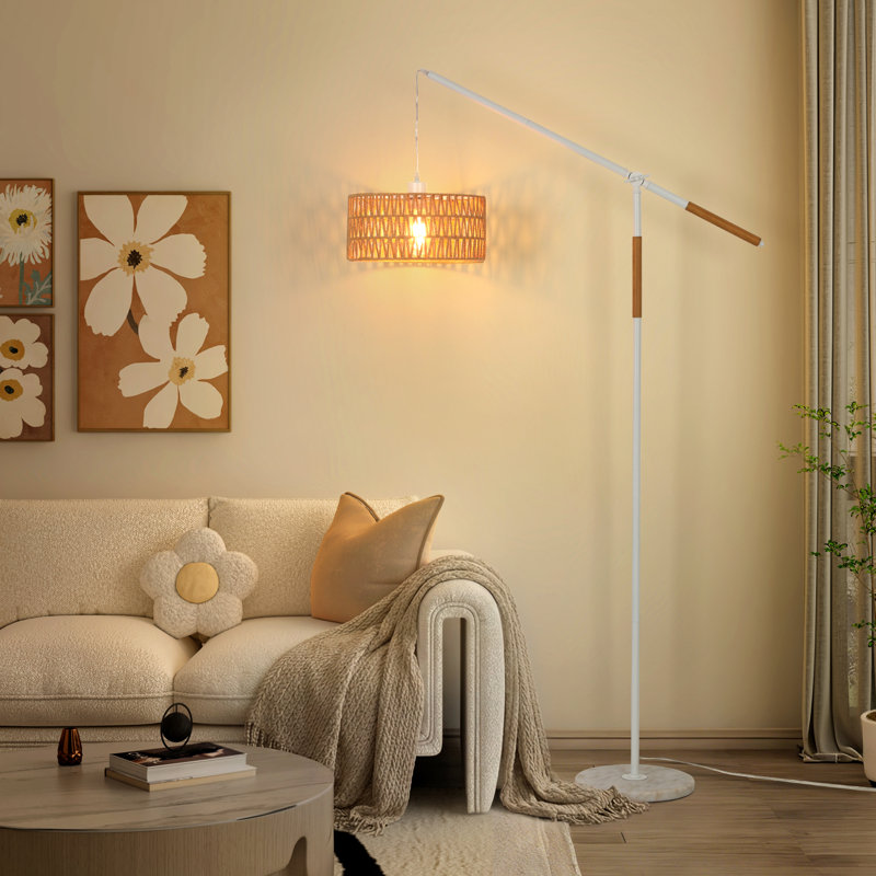 Lampe sur pied arquée en rotin moderne 68 po avec interrupteur au pied Aarzo, Blanc
