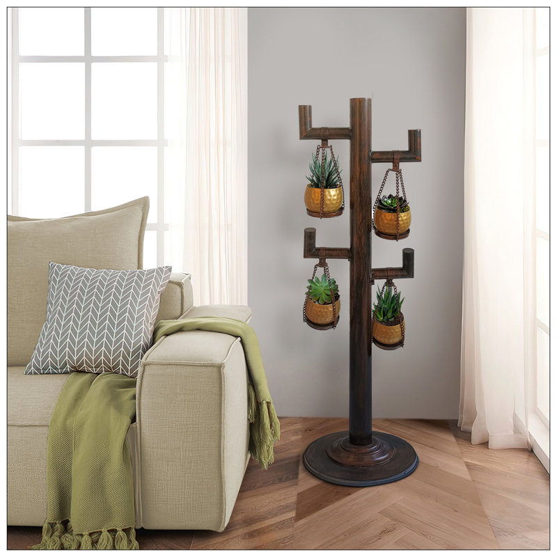 Support pour plante haut 52 pouces avec 4 pots suspendus, bronze antique, or, noir