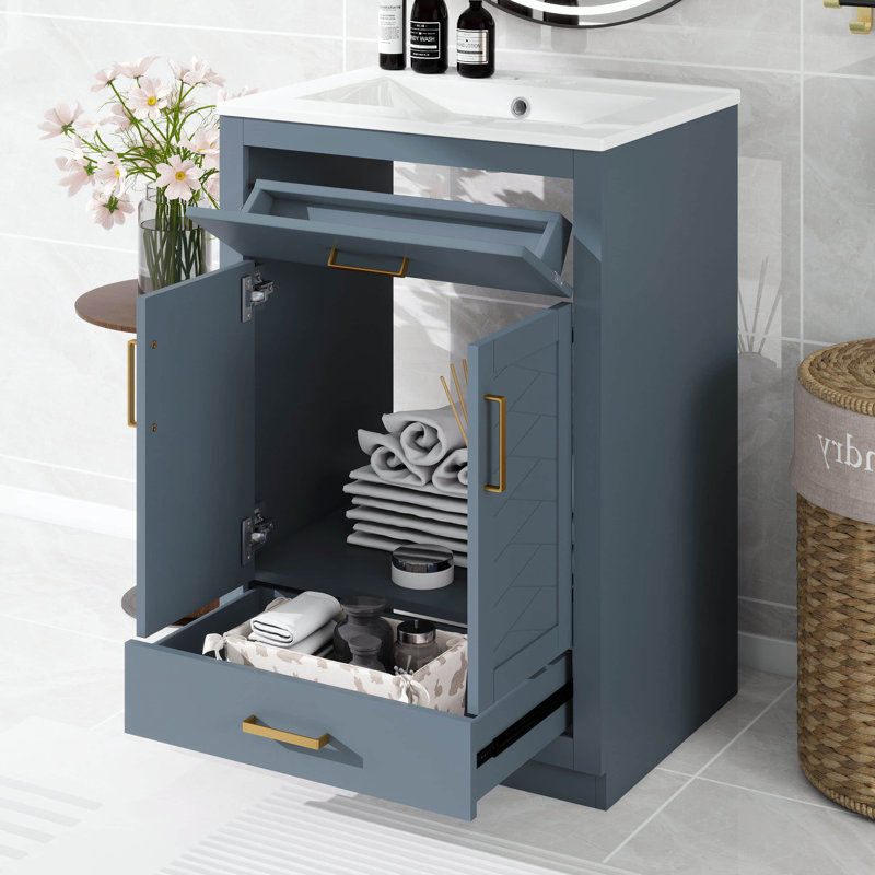 Meuble-lavabo 24 po avec lavabo, meuble-lavabo autoportant avec poignées dorées, tiroir basculant et tiroir inférieur, portes à fermeture en douceur