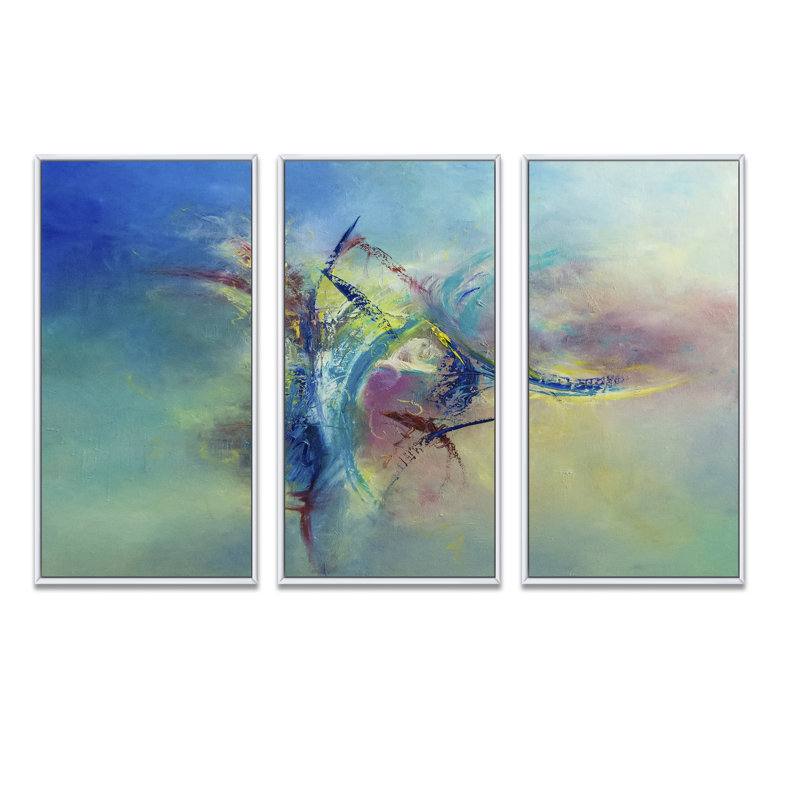 Focused Intention - Ensemble de 3 toiles d'art contemporain encadrées sur toile, Blanc, H 32 po x l 48 po x P 1 po