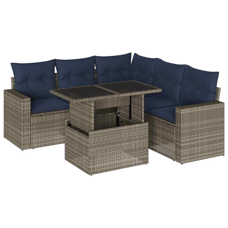  Ensemble de canapé de patio 6 pièces avec coussins en rotin de polyester noir, Gris, Marine