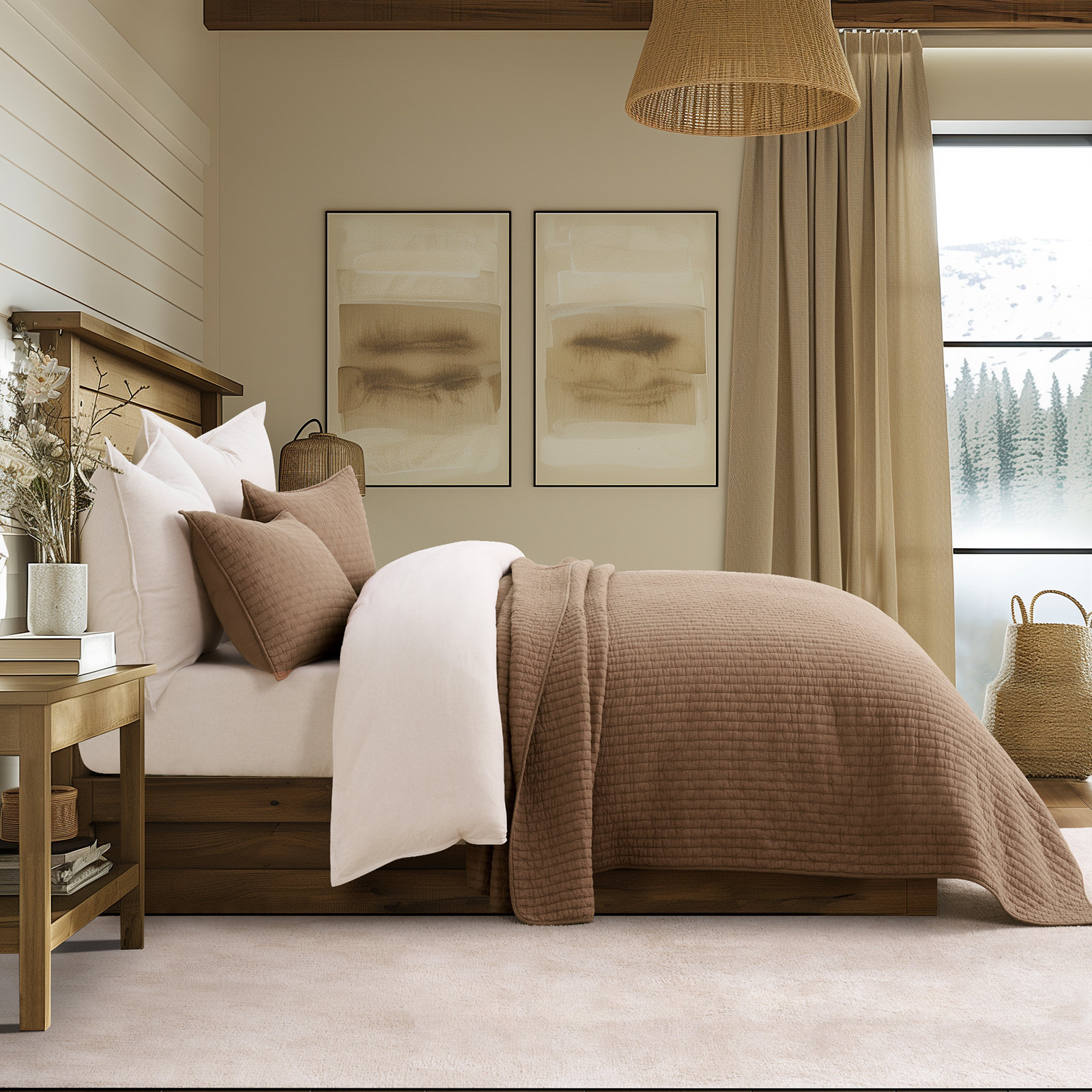 Cross Stitch Cotton Quilt set, Queen, Camel Brown