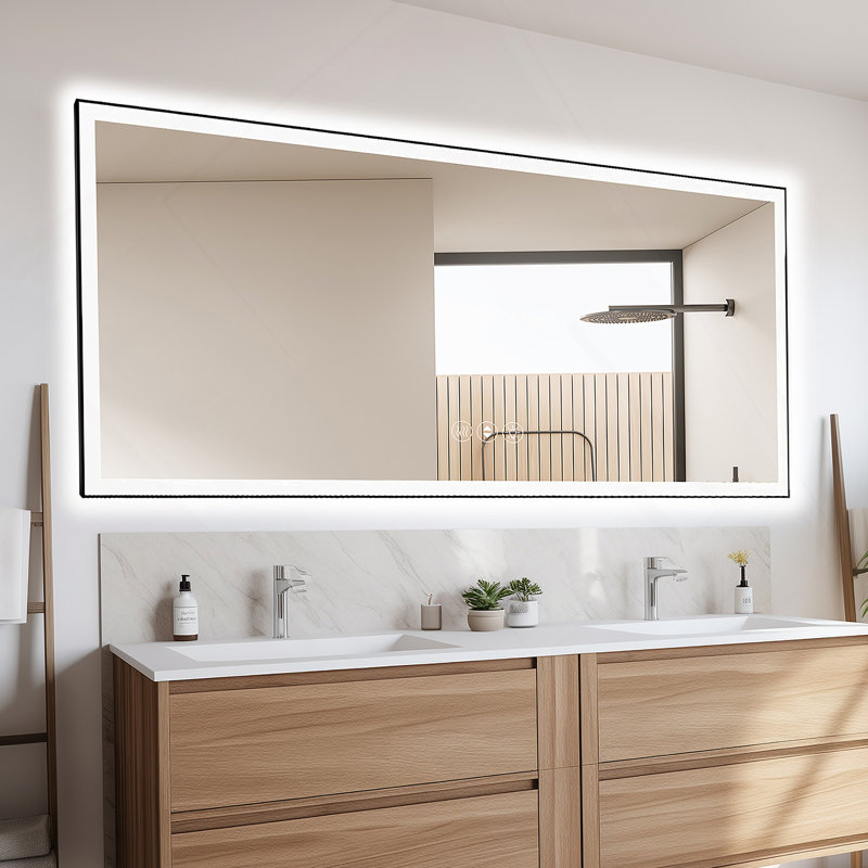 Miroir de salle de bain 84 po x 32 po à DEL sans cadre, miroir intelligent, 32 po x 84 po, Black/Clear Frameless