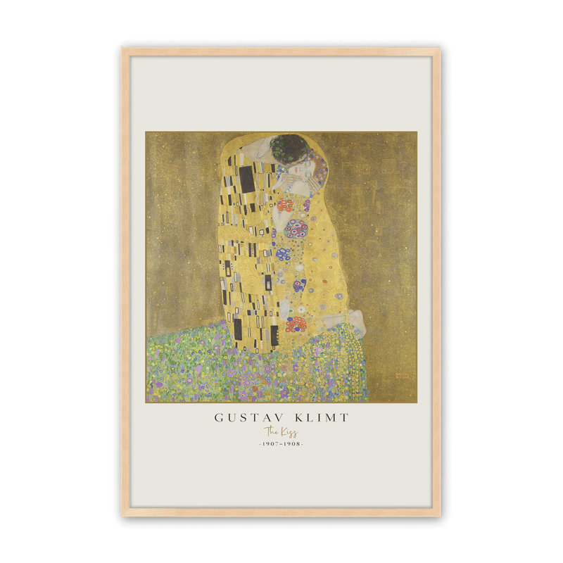 «The Kiss» par Gustav Klimt v3 , H 17 po x l 13 po x P 1,25 po, Reproduction encadrée sans passe-partout, Érable brut