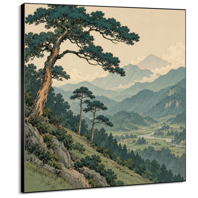 Très grande reproduction d'art sur toile - Paysage de montagne rétro avec des pins pour le salon ou la chambre à coucher - «Assemblage requis du cadre (cadre non fini)»