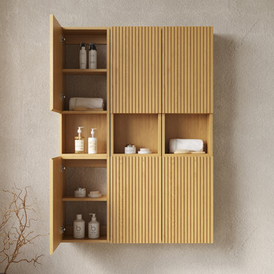 Meuble de salle de bain mural de 41 po - 6 armoires avec portes en contreplaqué d'aspect grain de chêne fait à l'eau - et pratique pour une construction de style à espaces multiples