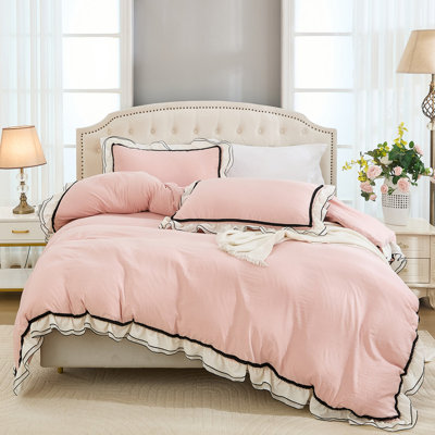 Pink Ruffle Comforter Set Queen Size,Pompoms Shabby Chic Cute Boho Bedding Sets,Fluffy Coquette Cute Comforter Sets for All Season,Vintage Bedding Lightweight Set for Room Decor