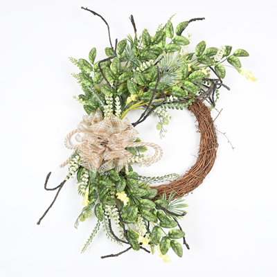 22" Artificial Farmhouse Greenery Foliage Leaves Spring Summer Bow Wreath For Front Door