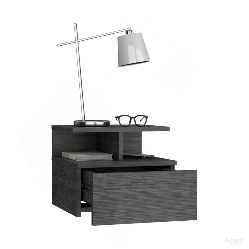Adele Floating Nightstand with Drawer and Open Storage Shelves, Smoke Gray