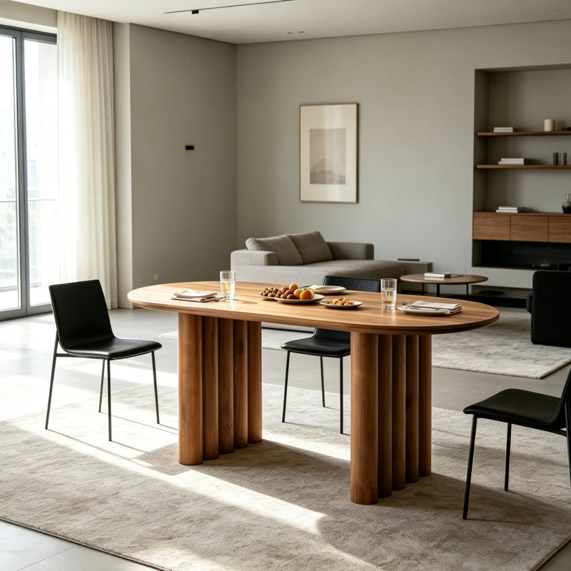 Table de salle à manger moderne ovale en panneau de fibres à densité moyenne de 65,35 po, table de cuisine brune avec pieds cylindriques, table de salle à manger spacieuse pour 4 personnes, meubles de style Mid-Century pour la salle à manger, table de cuisine robuste facile à nettoyer