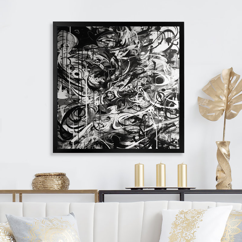 «Black and White Graffiti Cosmic I», reproduction sur toile, Cadre photo noir, H 16 po x l 16 po x P 1 po