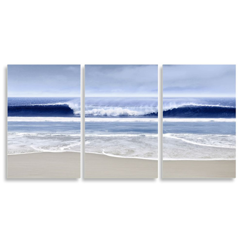 «Beach Wave Cresting At Shore Blue Nautical Landscape», ensemble de 3 impressions sur toile, Plaque murale