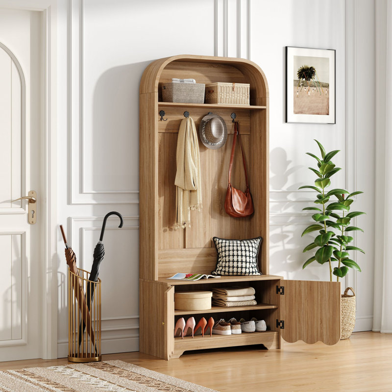 Hall Tree With Shoe Storage Bench, 4-in-1 Entryway Bench With Coat Rack, Natural