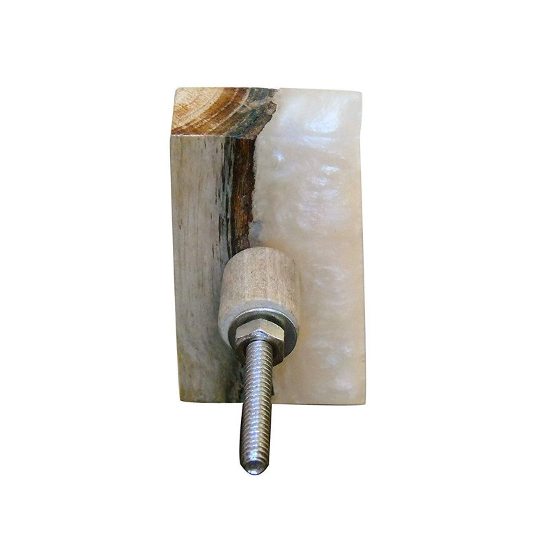 Set of 6 Tan and Dark Brown Wood Rectangular Knobs with Marble